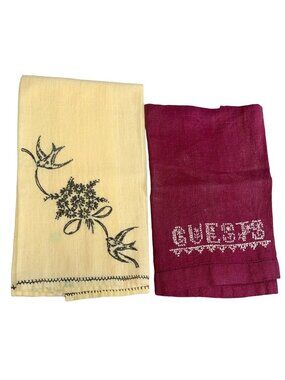 Vintage Embroidered Guest Hand Towels Set Floral & "Guests" Designs Maroon & Yel
